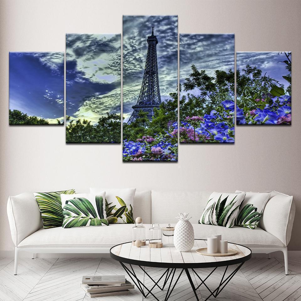 Paris Tower Blue Sky Flowers Nature Canvas Wall Art