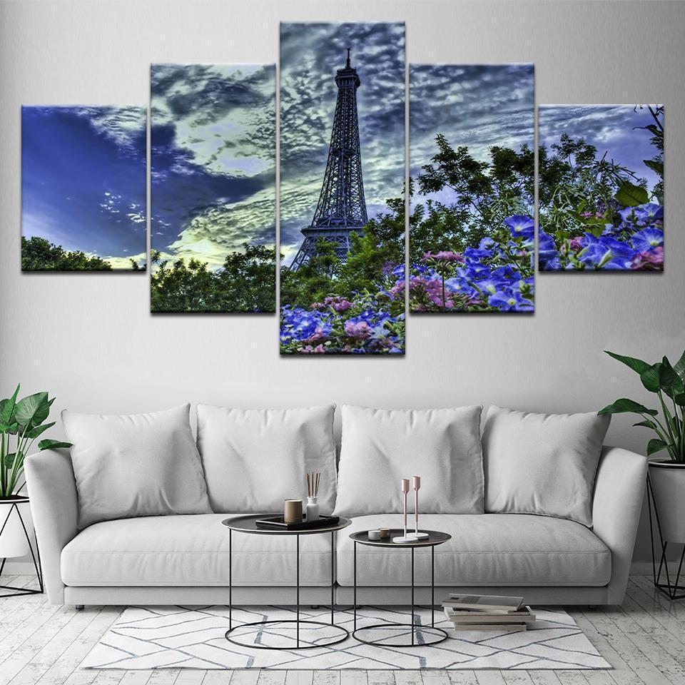 Paris Tower Blue Sky Flowers Nature Canvas Wall Art