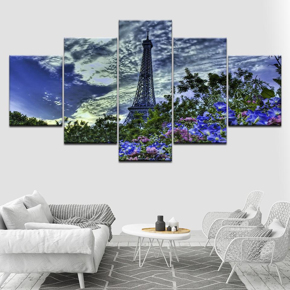 Paris Tower Blue Sky Flowers Nature Canvas Wall Art