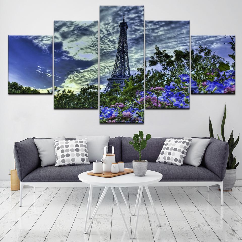 Paris Tower Blue Sky Flowers Nature Canvas Wall Art