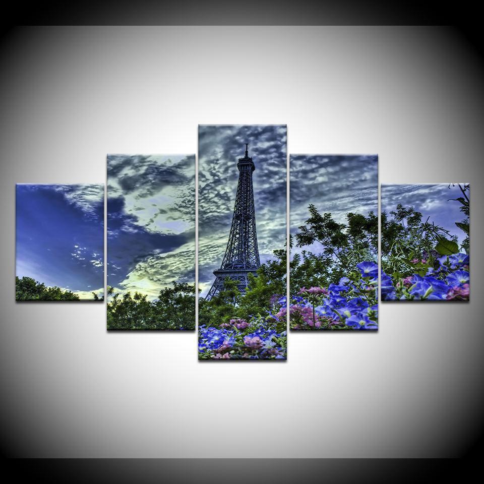 Paris Tower Blue Sky Flowers Nature Canvas Wall Art