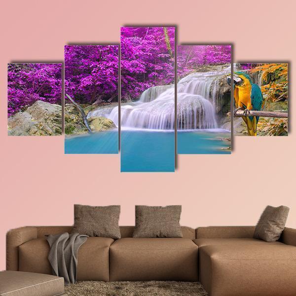 Parrot Macaw Against Tropical Waterfall In Deep Forest Nature And Animal Canvas Wall Art