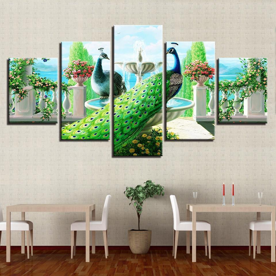 Peacock Couple Garden Abstract Animal Canvas Wall Art