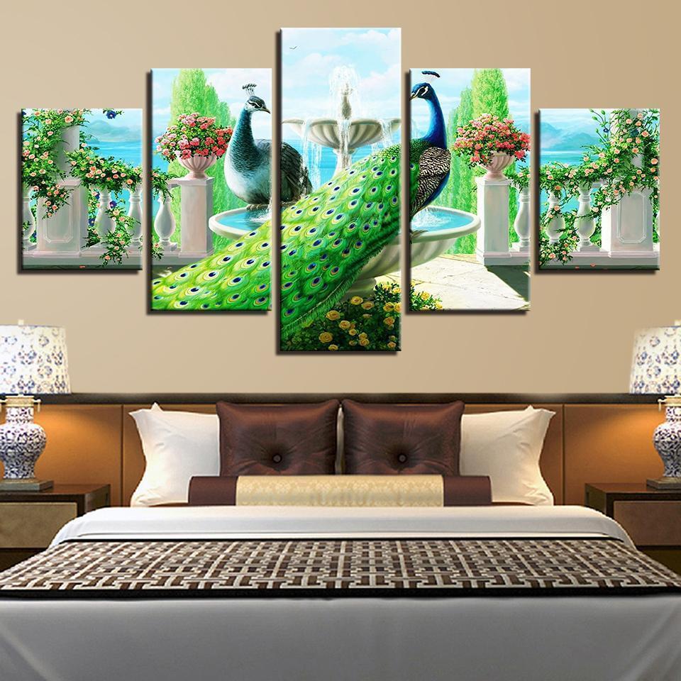 Peacock Couple Garden Abstract Animal Canvas Wall Art