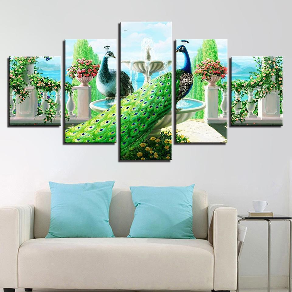 Peacock Couple Garden Abstract Animal Canvas Wall Art