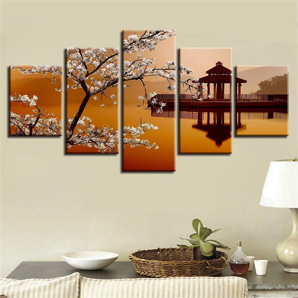 Pear Flower And Small Pavilion Retro Scenery Nature Canvas Wall Art