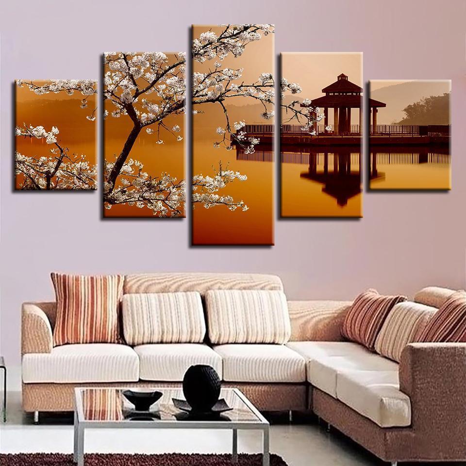 Pear Flower And Small Pavilion Retro Scenery Nature Canvas Wall Art