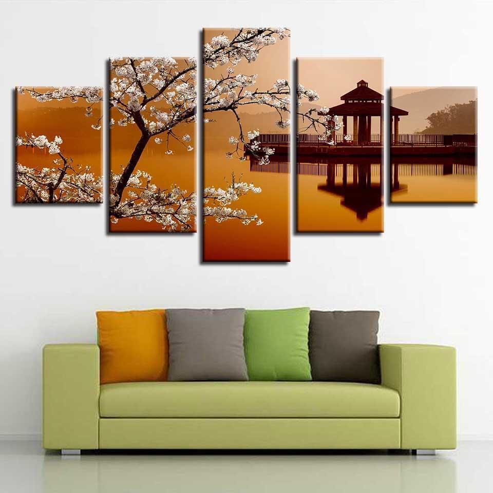 Pear Flower And Small Pavilion Retro Scenery Nature Canvas Wall Art
