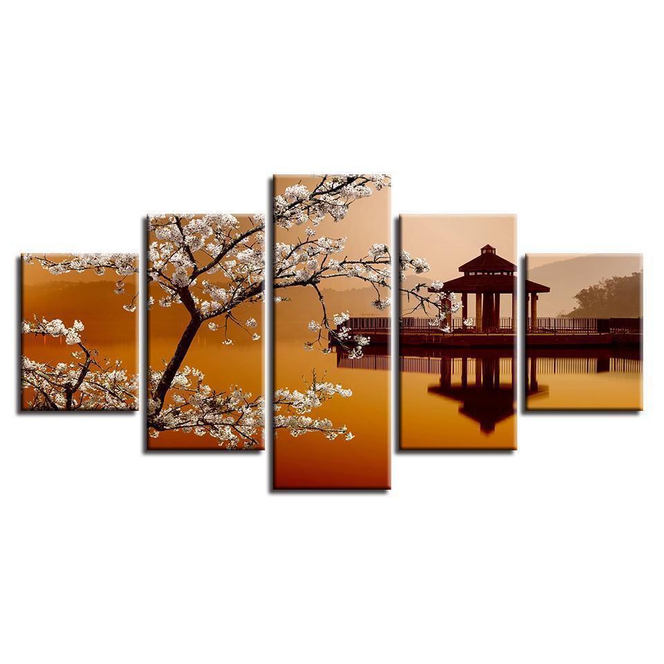 Pear Flower And Small Pavilion Retro Scenery Nature Canvas Wall Art
