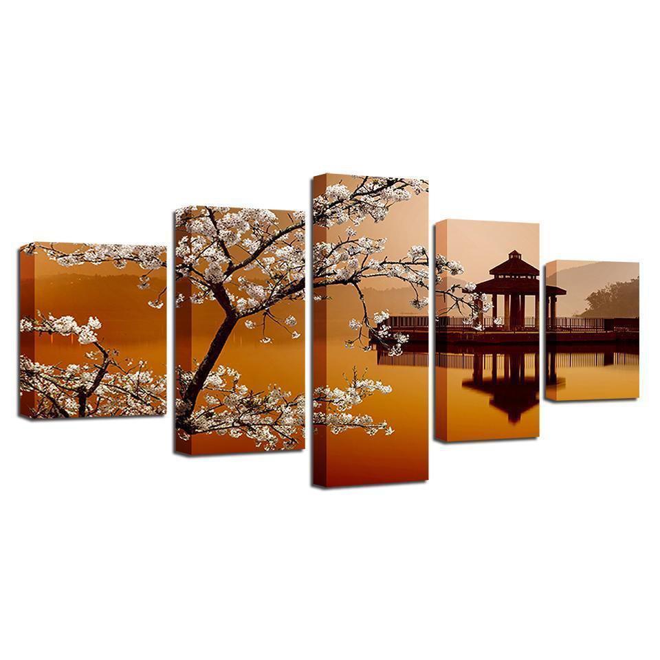 Pear Flower And Small Pavilion Retro Scenery Nature Canvas Wall Art