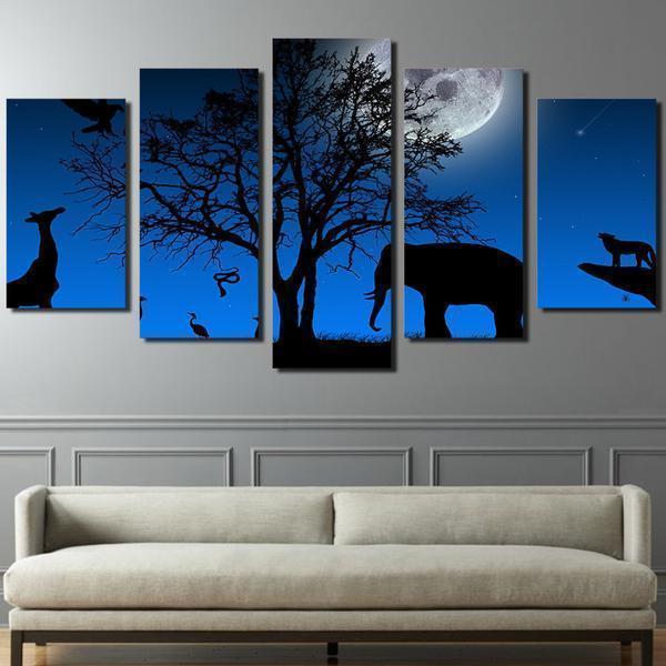 Peyzazh Derevo Vetki Krona Elephant Giraffe Animal Canvas Wall Art