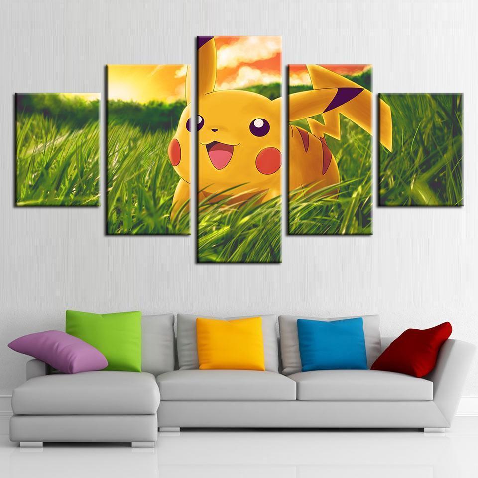 Pokemon Pikachu On Green Grass Anime Canvas Wall Art