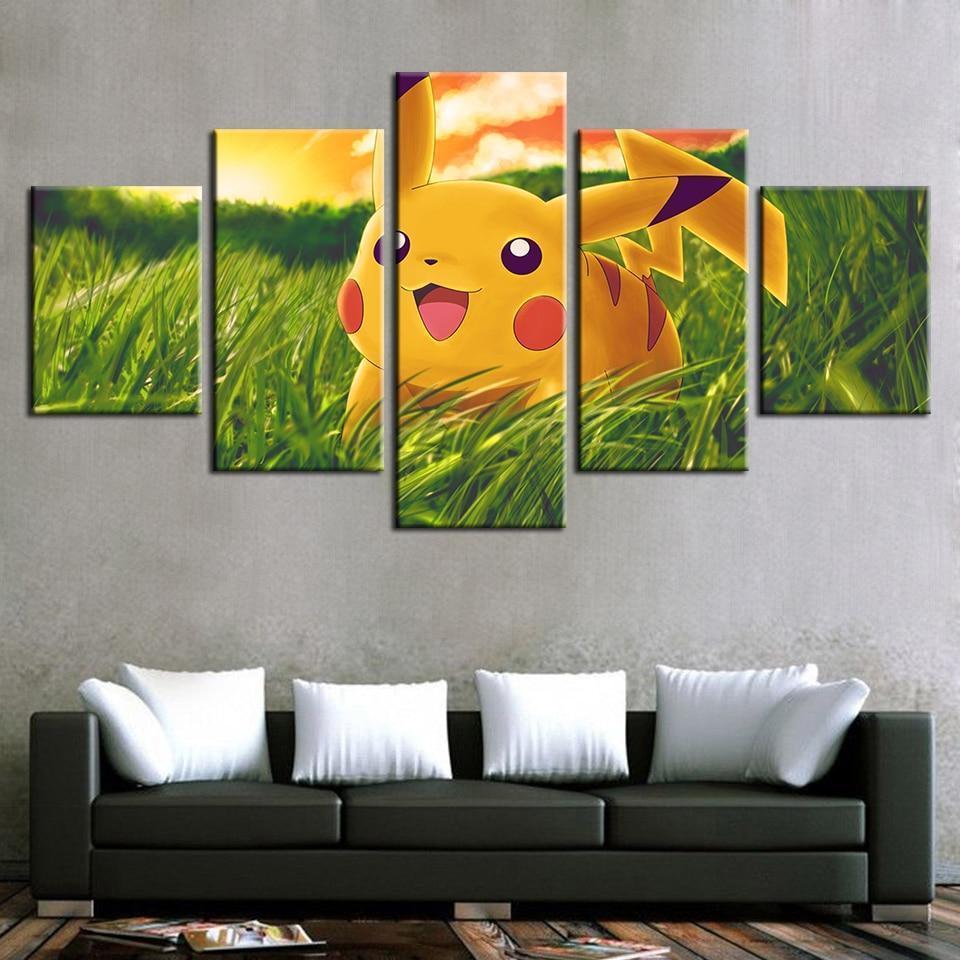Pokemon Pikachu On Green Grass Anime Canvas Wall Art