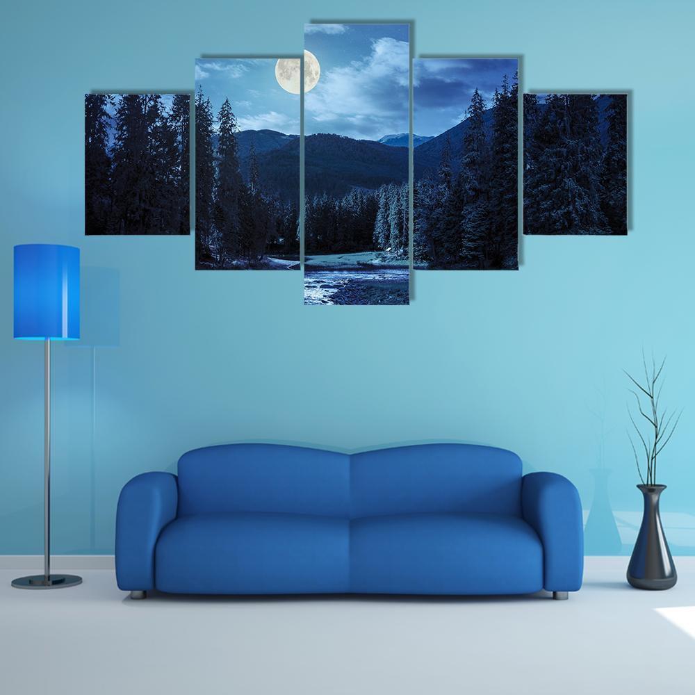 Pine Trees In Mountains And A River Nature Canvas Wall Art