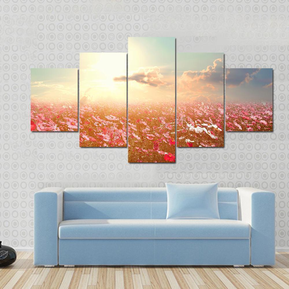 Pink And Red Cosmos Flower Field With Sunshine Nature Canvas Wall Art
