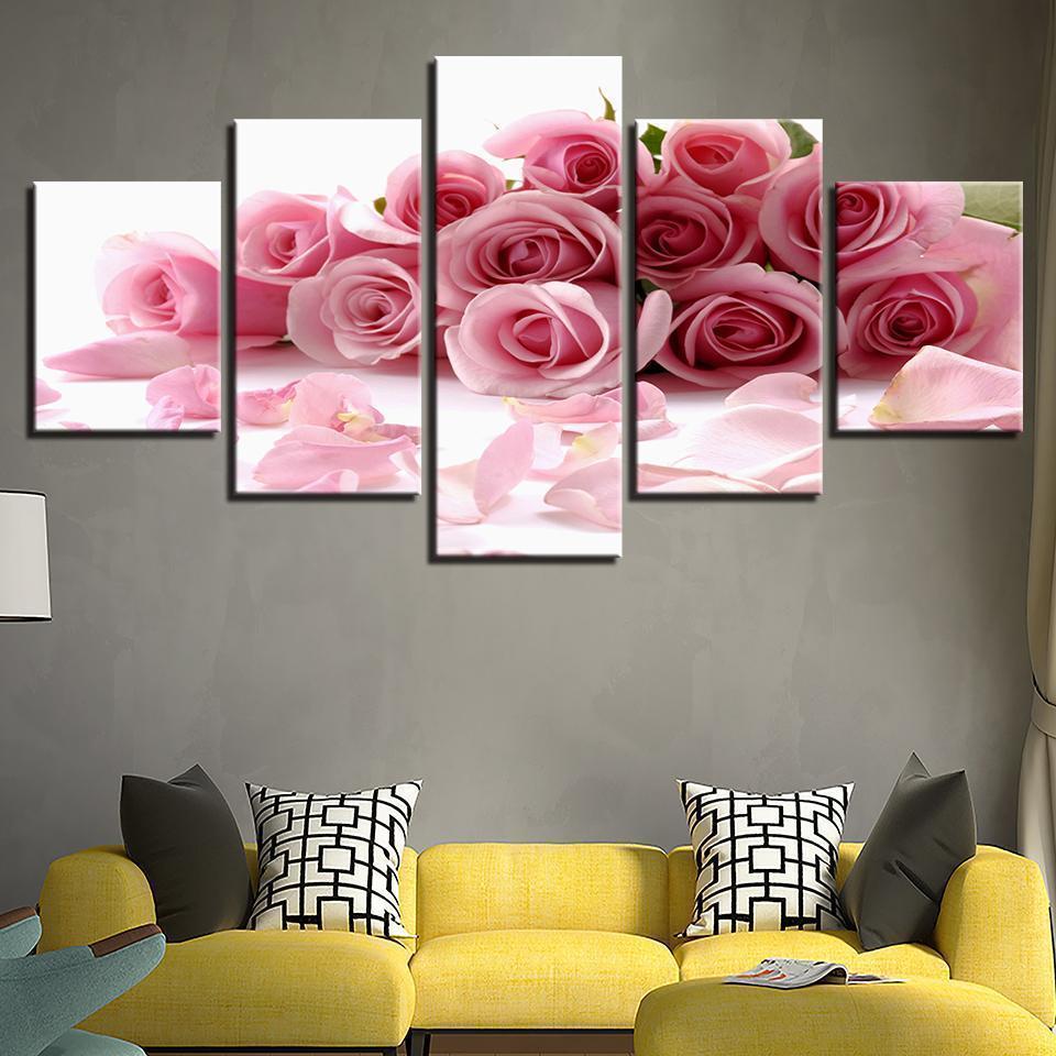 Pink Roses Bouquet Flowers Petal Nature Canvas Wall Art