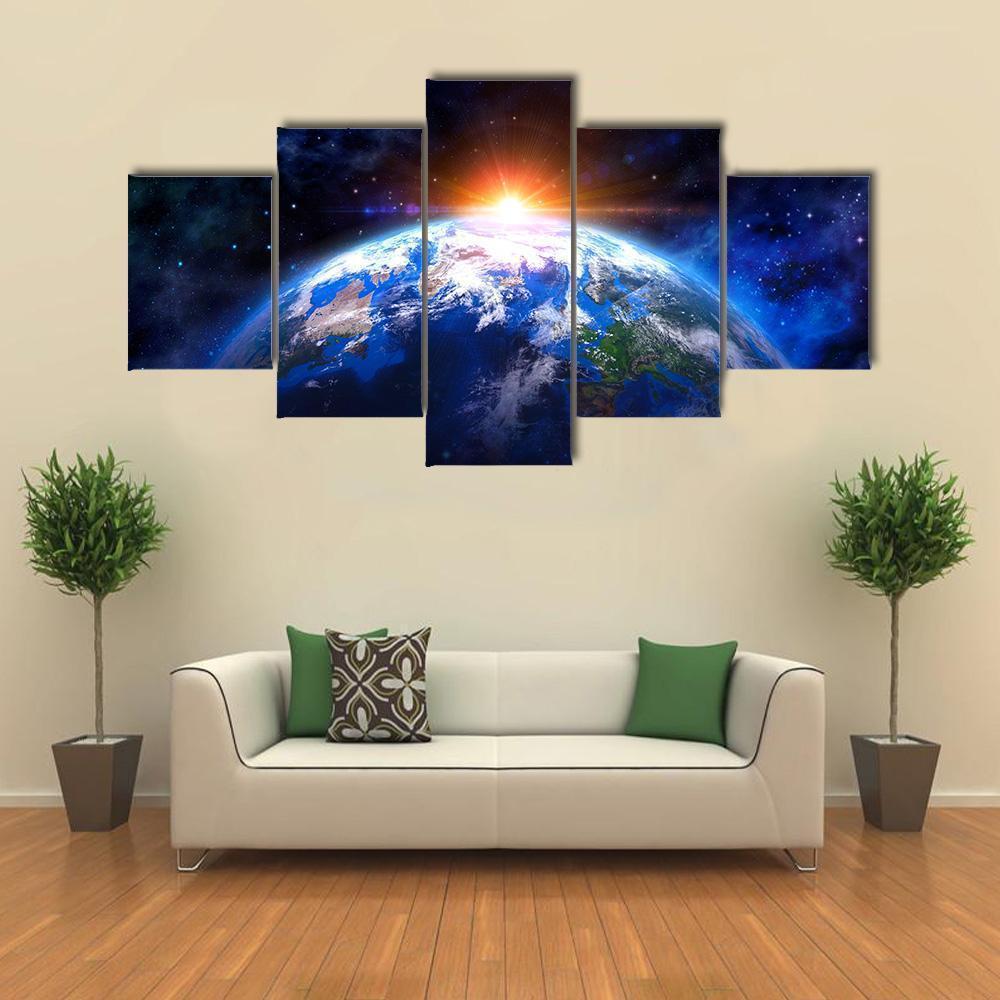 Planet Earth In Outer Space With Rising Space Canvas Wall Art