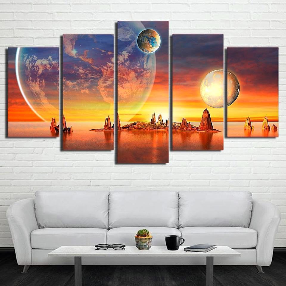 Planet Earth Moon Islands Sunset Space Universe Canvas Wall Art