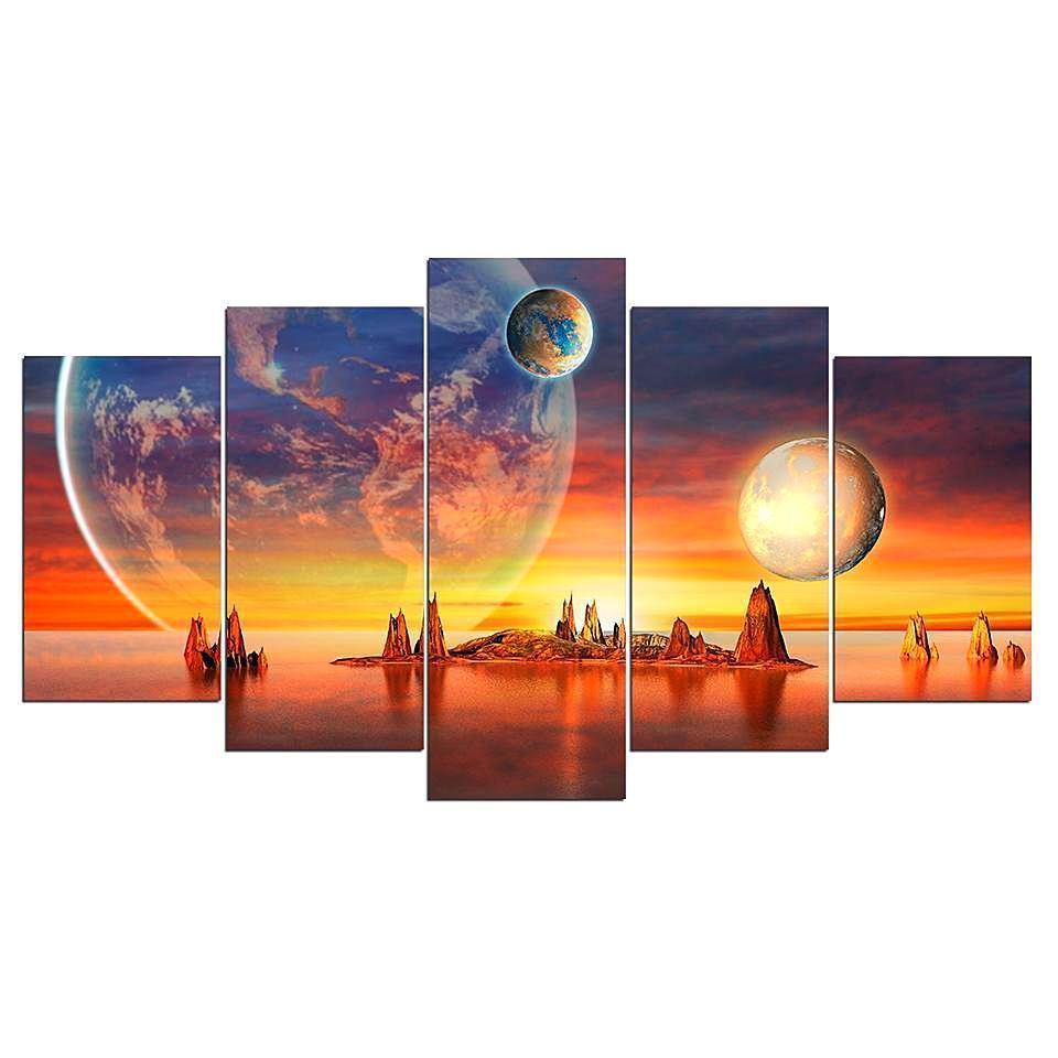 Planet Earth Moon Islands Sunset Space Universe Canvas Wall Art