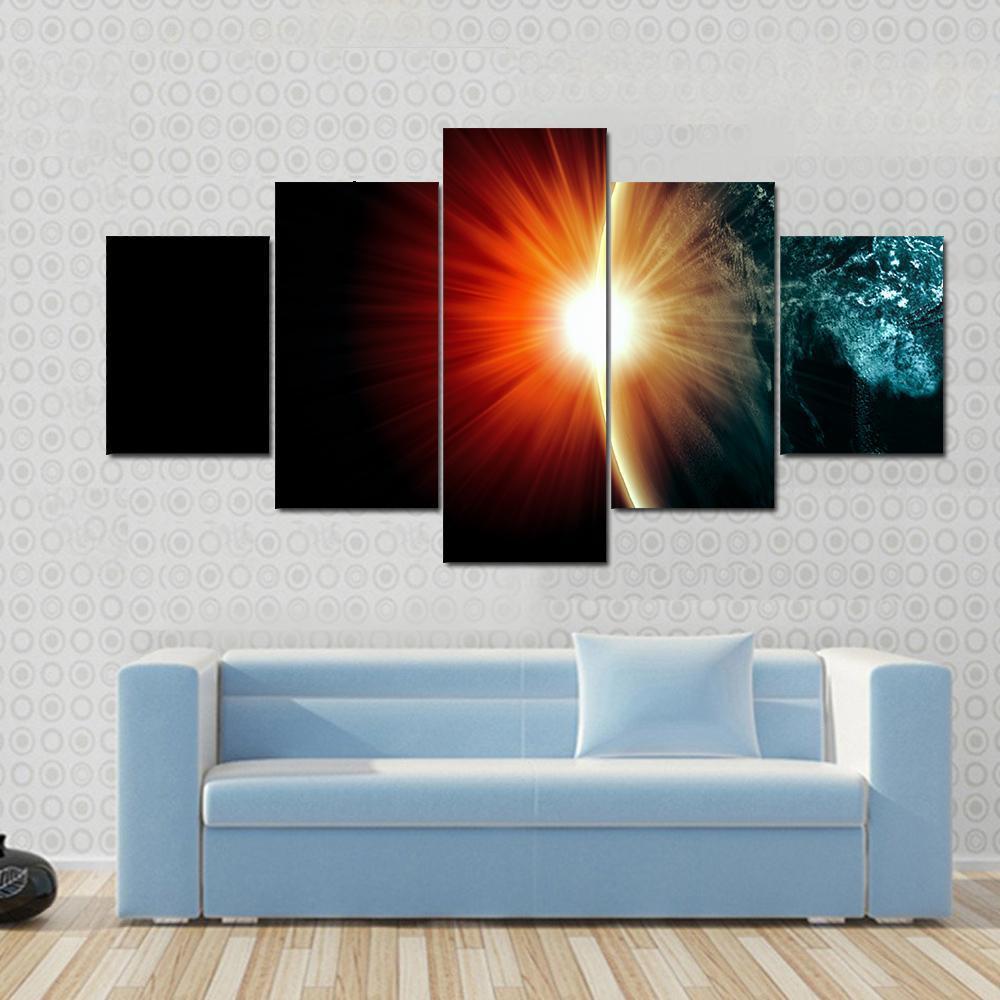 Planet Earth With Appearing Sunbeam Light Space Canvas Wall Art