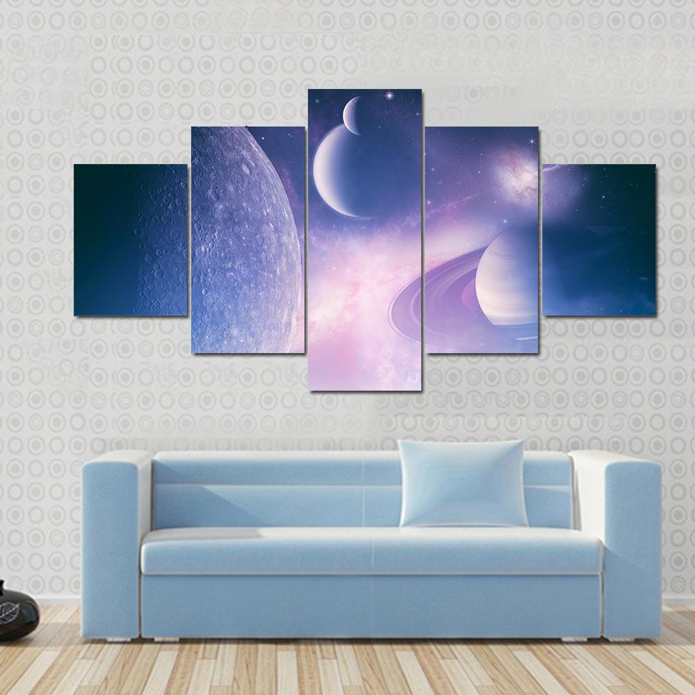 Planets, Stars And Galaxies In Purple Shade Space Canvas Wall Art