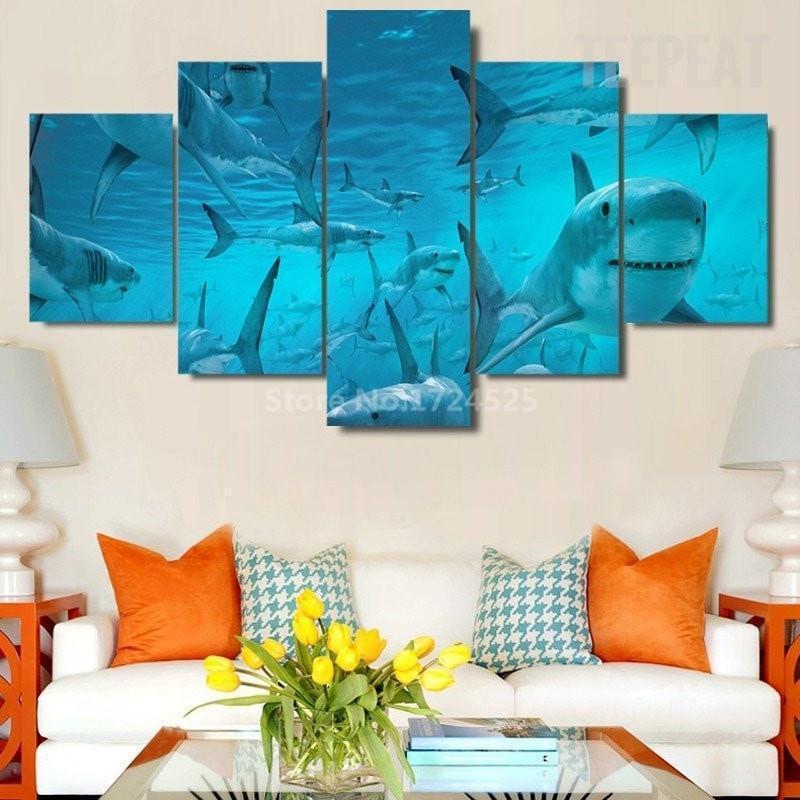 Plenty Of Sharks Under The Deep Blue Sea Animal Canvas Wall Art