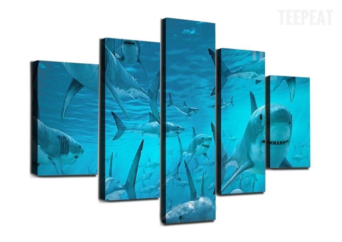 Plenty Of Sharks Under The Deep Blue Sea Animal Canvas Wall Art