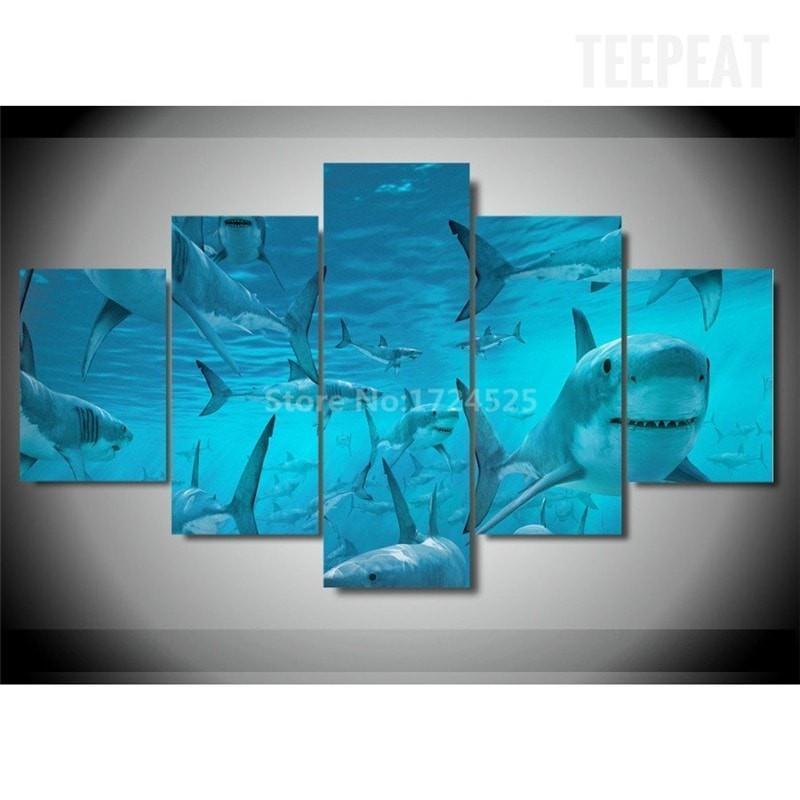 Plenty Of Sharks Under The Deep Blue Sea Animal Canvas Wall Art