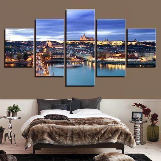 Prague Czech Republic Castle And Vltava Riverfront Nature Canvas Wall Art