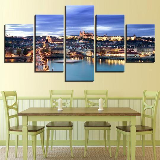 Prague Czech Republic Castle And Vltava Riverfront Nature Canvas Wall Art