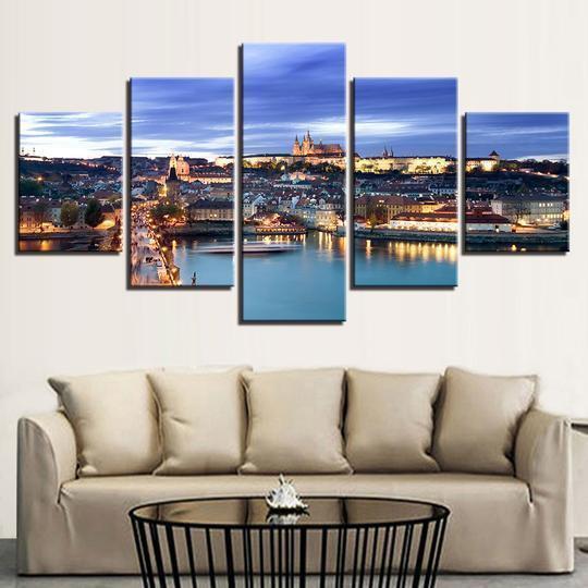 Prague Czech Republic Castle And Vltava Riverfront Nature Canvas Wall Art