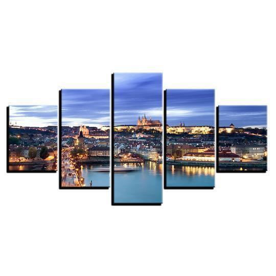 Prague Czech Republic Castle And Vltava Riverfront Nature Canvas Wall Art