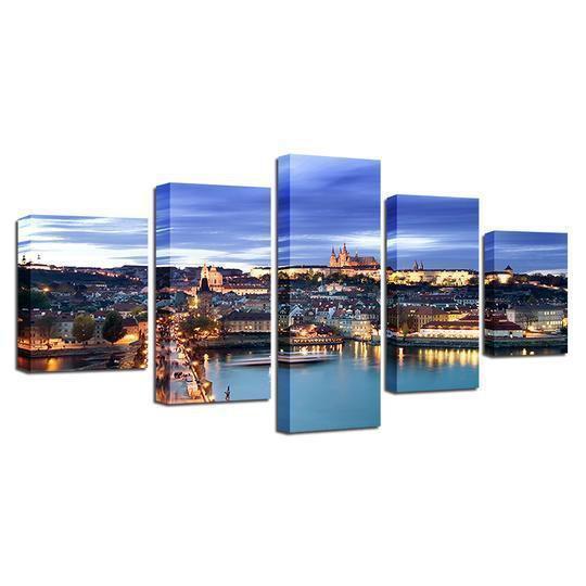 Prague Czech Republic Castle And Vltava Riverfront Nature Canvas Wall Art