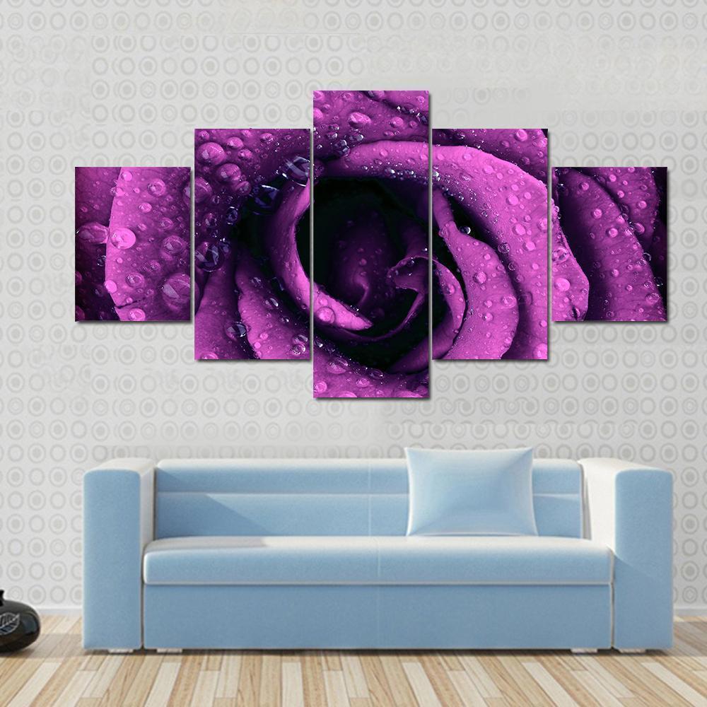 Purple Dark Rose With Dew Drops Nature Canvas Wall Art