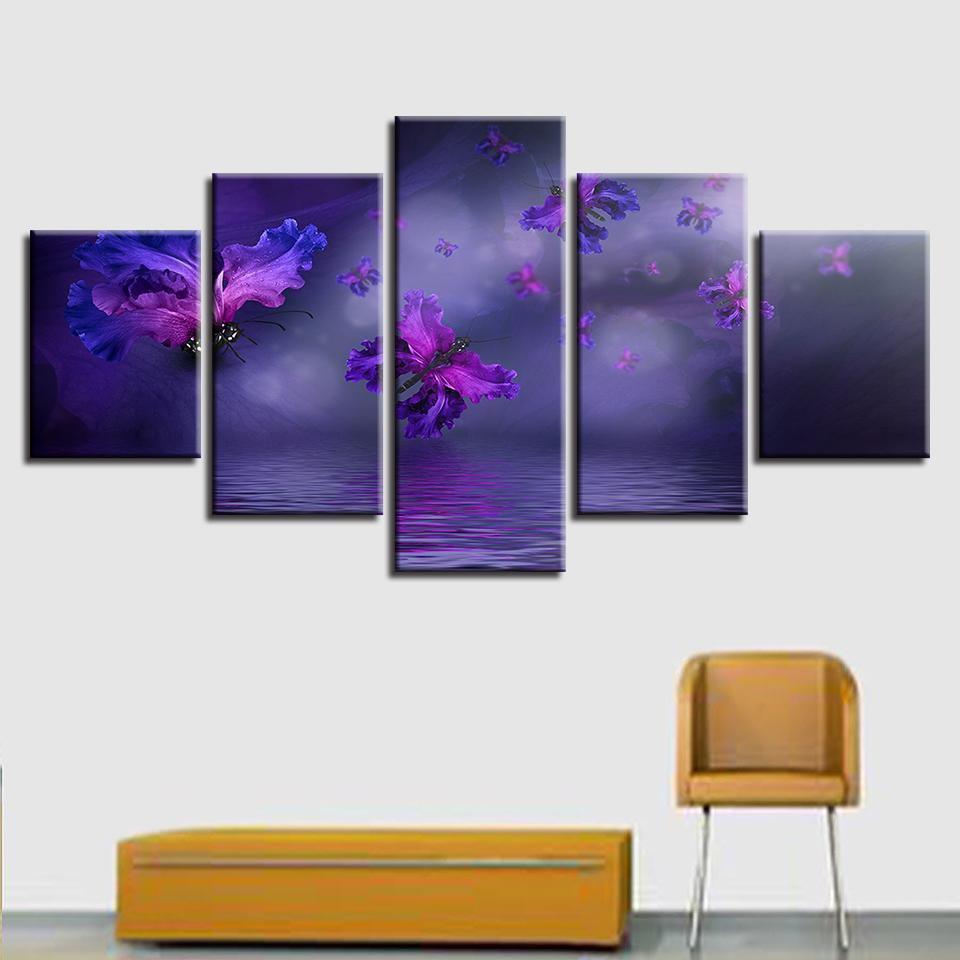 Purple Flower Butterflies Abstract Animal Canvas Wall Art