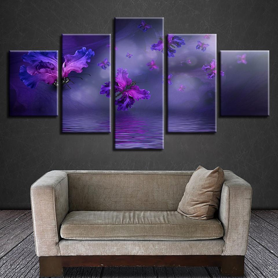 Purple Flower Butterflies Abstract Animal Canvas Wall Art