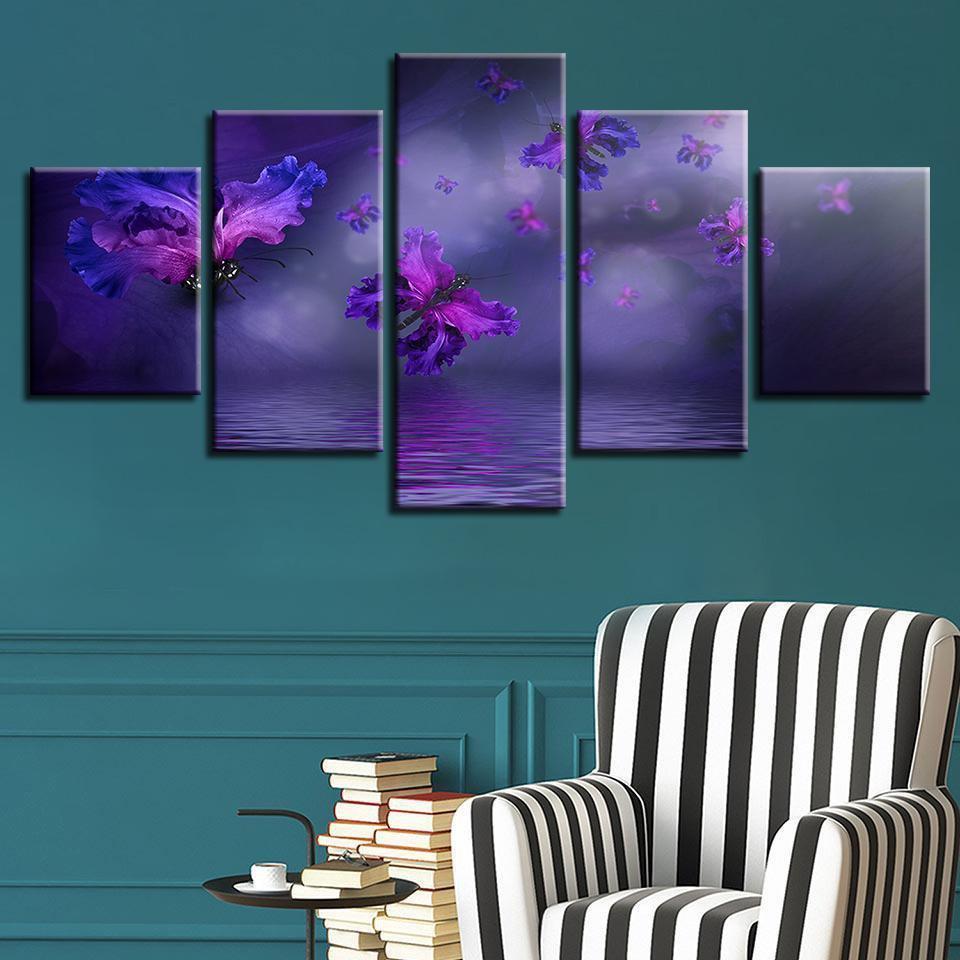Purple Flower Butterflies Abstract Animal Canvas Wall Art