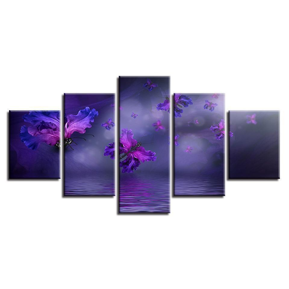 Purple Flower Butterflies Abstract Animal Canvas Wall Art
