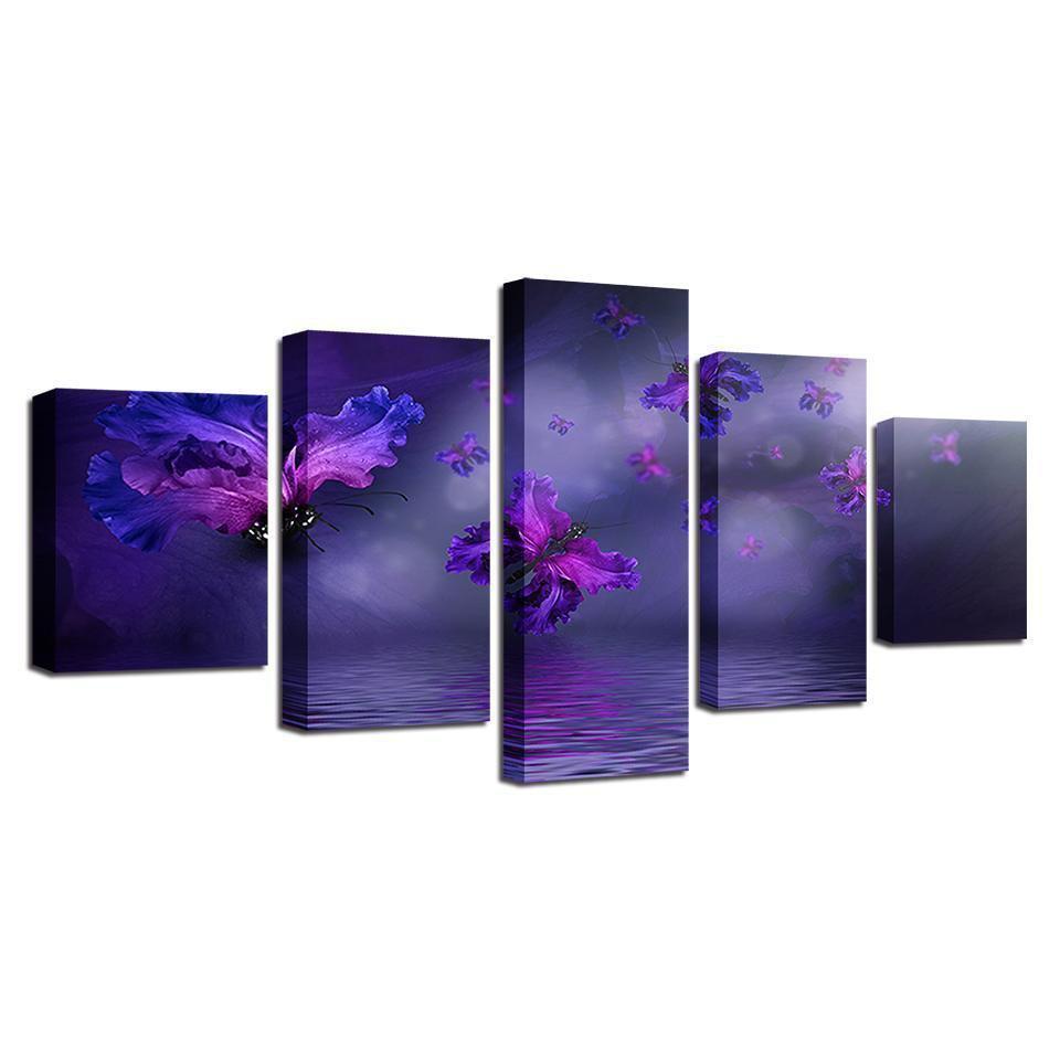 Purple Flower Butterflies Abstract Animal Canvas Wall Art