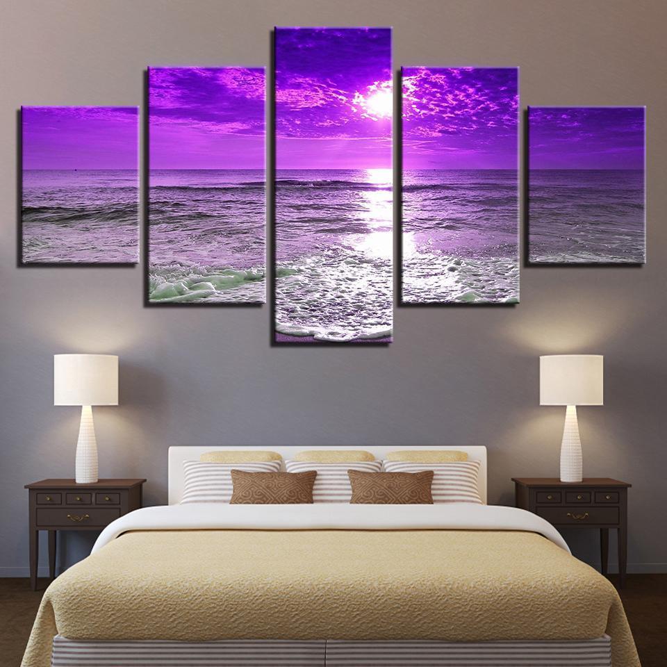 Purple Sunset Sea Waves Beach Seascape Nature Canvas Wall Art