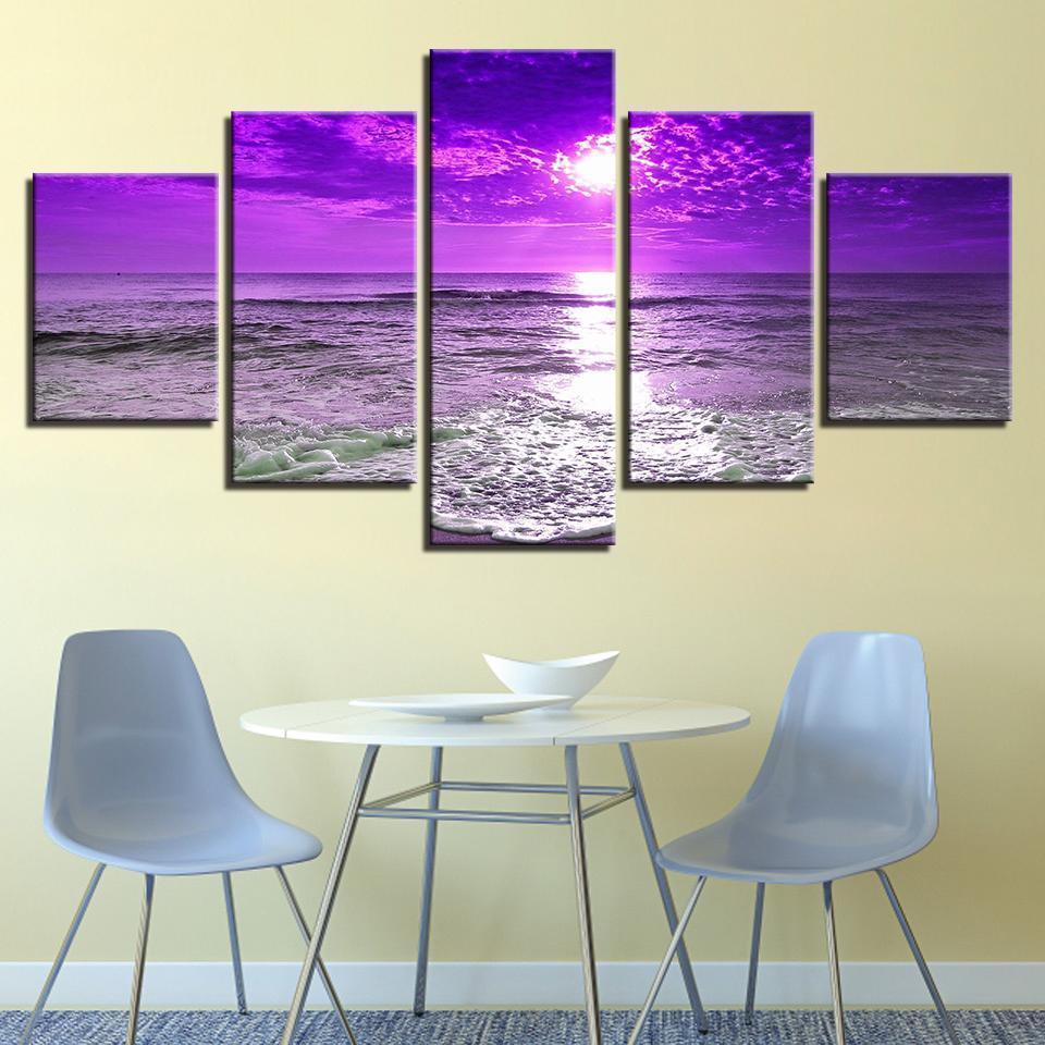 Purple Sunset Sea Waves Beach Seascape Nature Canvas Wall Art