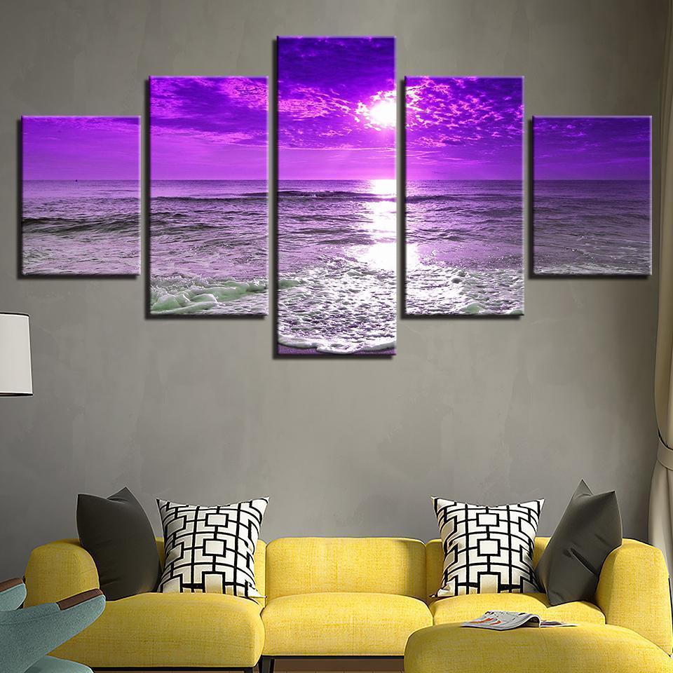 Purple Sunset Sea Waves Beach Seascape Nature Canvas Wall Art