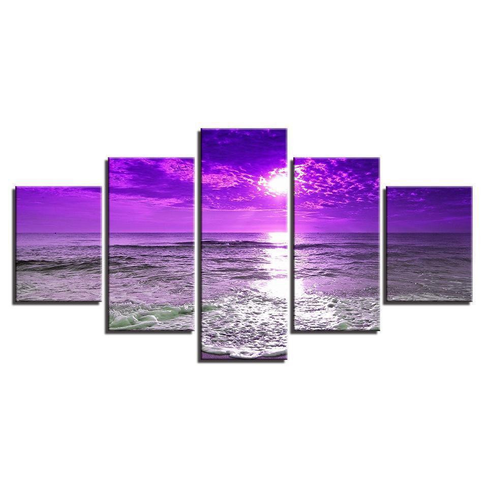 Purple Sunset Sea Waves Beach Seascape Nature Canvas Wall Art