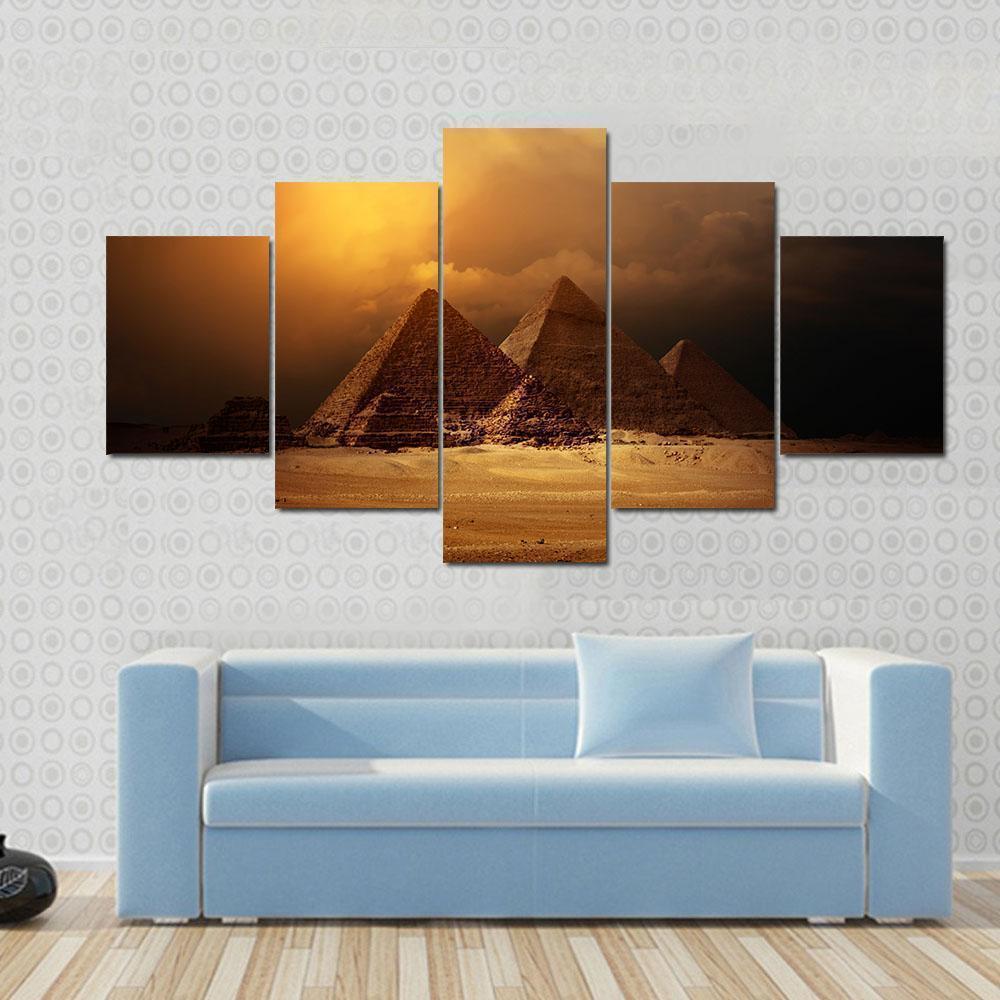 Pyramids In Giza Valley Under Dark Clouds Nature Canvas Wall Art