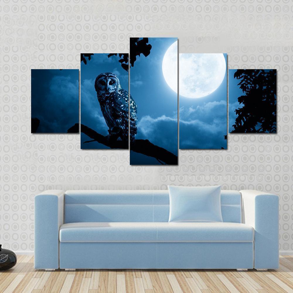 Quiet Halloween Owl At Night With Bright Full Moon In Sky Animal Canvas Wall Art