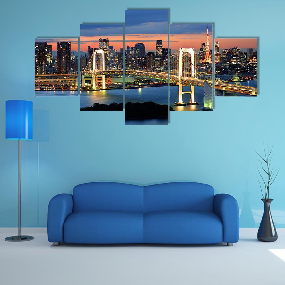 Rainbow Bridge Spanning Tokyo Bay With Tokyo Tower Nature Canvas Wall Art