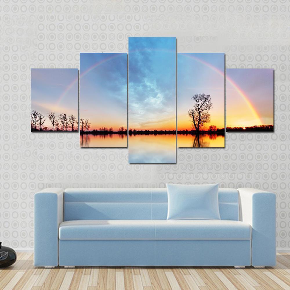 Rainbow Over Trees On Lake Sunrise Nature Canvas Wall Art