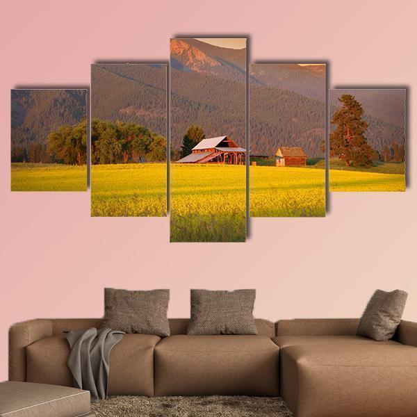 Rapeseed Farm And Barn In Evening Sun Light Nature Canvas Wall Art
