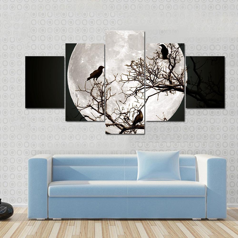 Ravens Sitting On A Tree Shined With The Full Moon Nature Canvas Wall Art