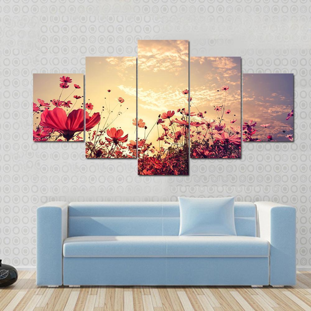 Red Cosmos Flower Field With Sunshine Nature Canvas Wall Art